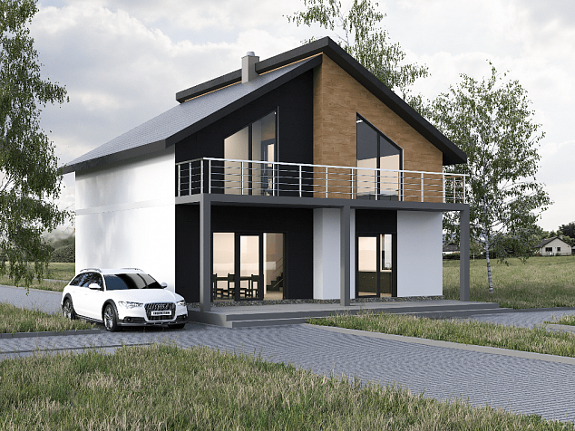 Каркасный дом - EX 147 с разноуровневой двускатной крышей